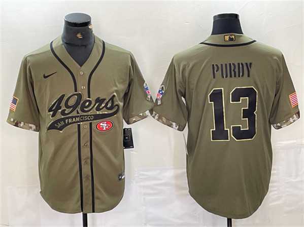 Men%27s San Francisco 49ers #13 Brock Purdy Olive Salute to Service With Patch Cool Base Stitched Baseball Jersey